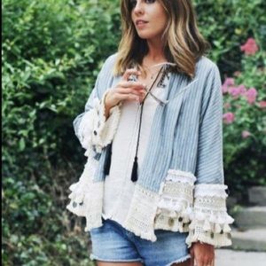 Zara Blue Kimono Chic Fringe Pom Pom Jacket Blouse
